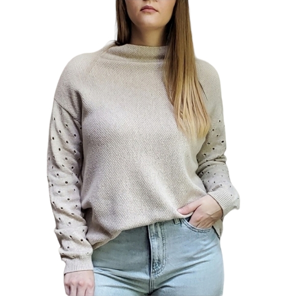 Anthropologie Moth Cashmere Blend Mock Neck Perforated Sleeve Sweater Medium - Picture 9 of 10